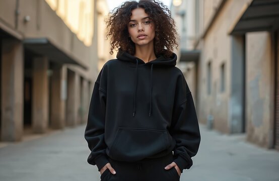 Woman poses in black hoodie, sweatpants. Model presents casual wear apparel in urban background. Fashionable brunette shows stylish sportswear garment. Clothing brand promo photo for social media