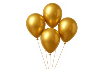 Golden balloons representing luxury and celebration, flying together with shiny reflections on transparent background