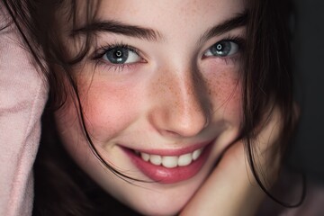 Smiling young girl showcasing her beauty with sparkling blue eyes and freckles in a soft, warm light capturing a moment of joy and innocence
