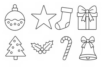 Christmas holiday line art icons set presenting festive ornaments and symbols on transparent background