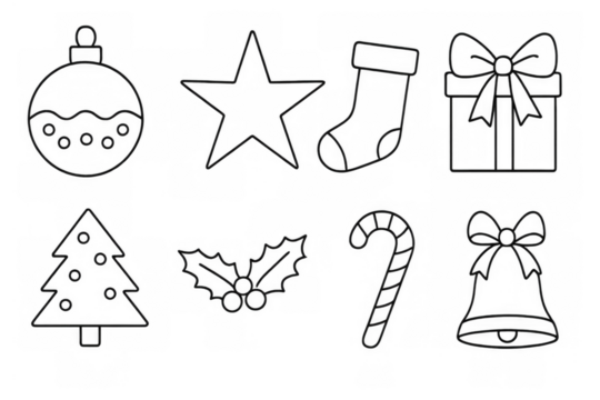 Christmas holiday line art icons set presenting festive ornaments and symbols on transparent background