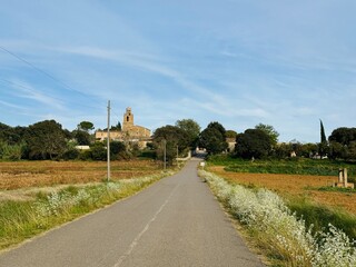 Scenic View of Sant Feliu de Cartellà Church and Country Road – Rural Girona, Catalonia, Spain