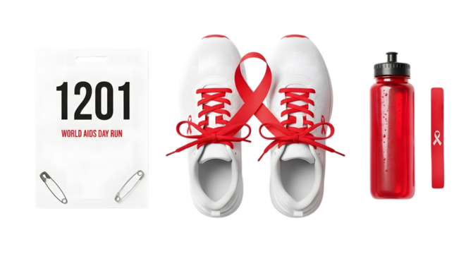 World aids day awareness marathon kit featuring running shoes, water bottle, wristband, race number, and red ribbon, isolated on a transparent background