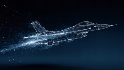 Futuristic fighter jet blueprint design with digital glowing particles on a dark blue background.