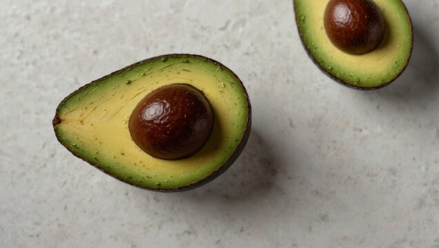 Two fresh avocado halves with pits and glistening water droplets on a light textured gray surface Vibrant green fruit