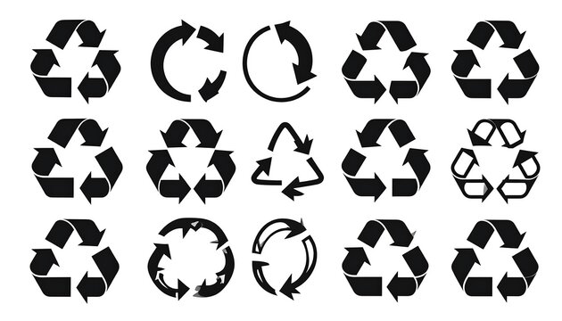 Collection of Black Recycling Symbols and Arrow Icons on White Background