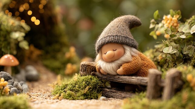 Charming autumn gnome figurine resting in a lush forest scene cozy fall woodland decoration with small dwarf statue among moss and colorful leaves in warm natural light rustic home decor idea - Powered by Adobe