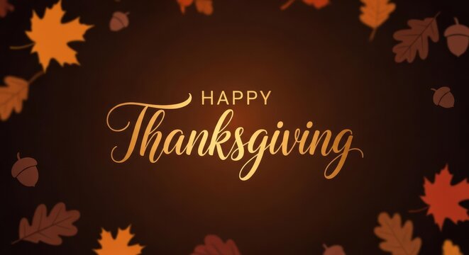Elegant Happy Thanksgiving Greeting with Golden Text and Autumn Leaves