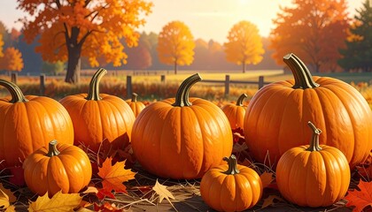 Naklejka premium Autumn pumpkins in a fall field