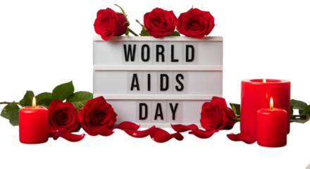 World aids day message with roses and candles isolated on a transparent background