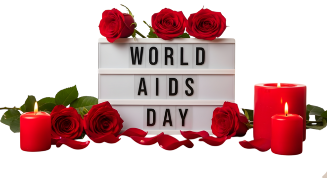 World aids day message with roses and candles isolated on a transparent background