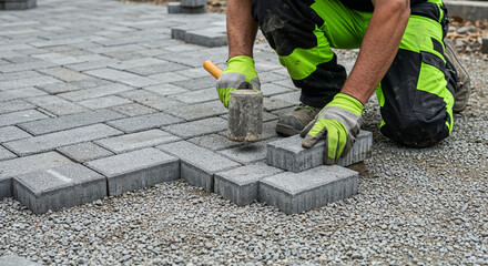 Naklejka na ściany i meble Worker laying gray pavers in herringbone pattern with rubber mallet. 