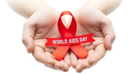 Hands holding red ribbon for world aids day isolated on a transparent background, symbolizing support and awareness for HIV/AIDS prevention and treatment efforts