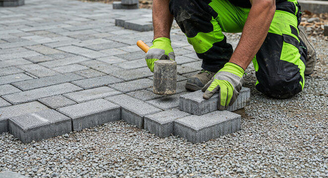 Worker laying gray pavers in herringbone pattern with rubber mallet.
