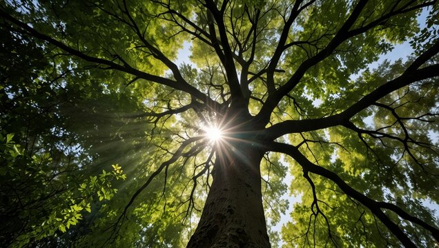Sunbeams burst through vibrant green leaves and dark branches of a tall forest tree against a bright blue sky