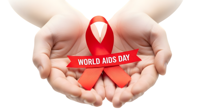 Hands holding red ribbon for world aids day isolated on a transparent background, symbolizing support and awareness for HIV/AIDS prevention and treatment efforts - Powered by Adobe