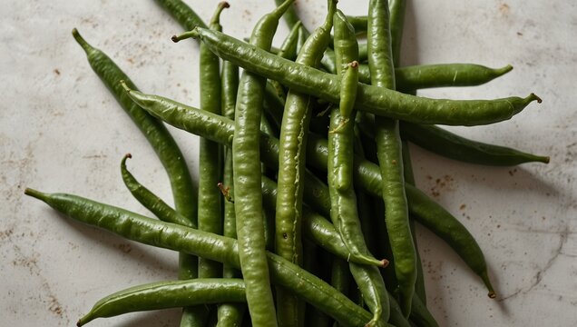 Vibrant green snap beans forming a dense cluster on a neutral subtly textured surface