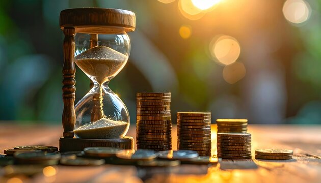 Hourglass and stacked coins illustrate currency fluctuation and time impact commodities - Powered by Adobe