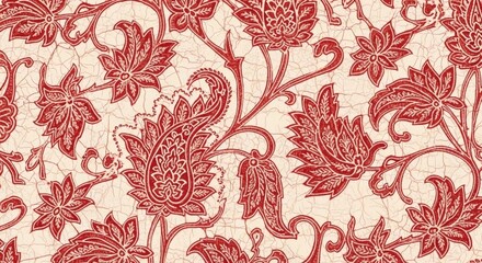 Intricate Red Floral Paisley Pattern with Distressed Cracked Texture