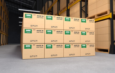 Made in Saudi Arabia export boxes in the warehouse, Logistics and trade concept. 3D illustration