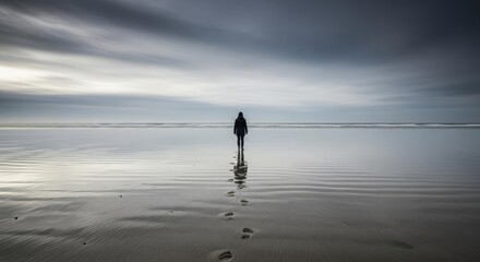 Solitary Figure Leaves Footprints on Expansive Wet Beach