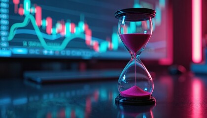 Hourglass with pink sand stands before screen displaying stock market data. Time runs fast concept. Deadline. Business risk analysis. Stock exchange graph in background. Investment opportunity,