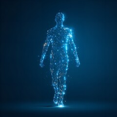 Digital Man Walking Forward with Glowing Lines and Points, Concept of Futuristic Technology
