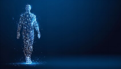 Ethereal digital human walking forward with polygonal mesh on dark blue background for futuristic concepts.