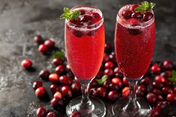 Festive cranberry mimosa cocktails in elegant glasses surrounded by fresh cranberries for a cheerful celebration