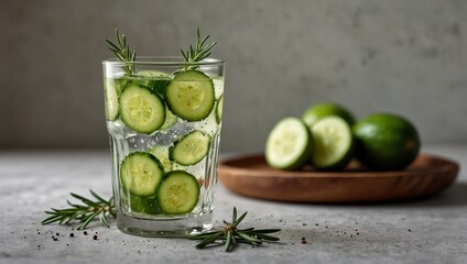Clear glass of sparkling cucumber and rosemary infused water on a concrete surface limes on a wooden plate