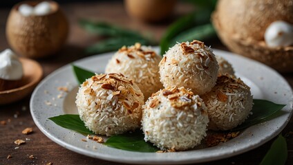 A white plate holds five delightful coconut desserts topped with toasted almonds and served on green leaves The blurred