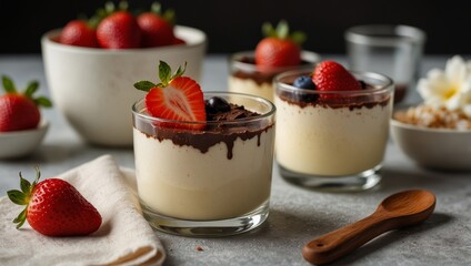 Creamy desserts with rich chocolate drizzles and fresh strawberry garnishes on a grey textured surface