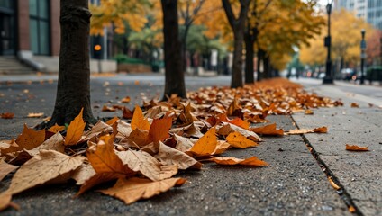 Vibrant golden and brown autumn leaves carpeting a concrete sidewalk next to tree trunks on an urban street
