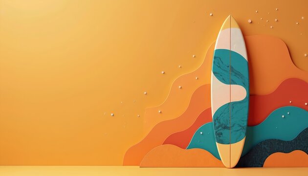 Abstract pixel art illustration features surfboard against orange background. Artistic digital render shows surf board at beach waves. The image evokes summer vibes holiday vacation sport travel.