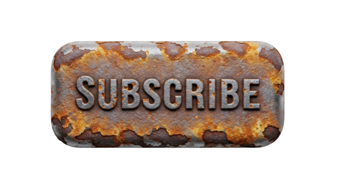 Rusty metal subscribe button isolated on a white background.