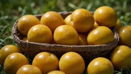 Close up of fresh yellow round fruits with water droplets some arranged in a woven basket on green grass