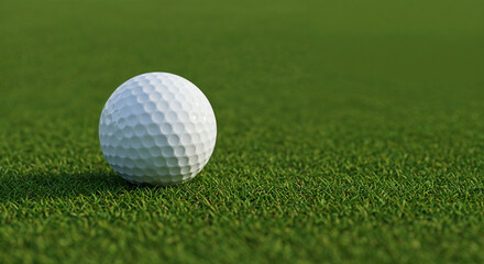 Close-up of a white golf ball on manicured green grass.
