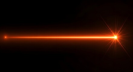 A bright orange laser beam cutting through darkness, emanating from a point source and creating a starburst effect at its termination