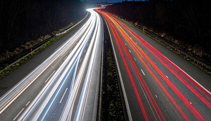 Motion Blur of Headlights and Taillights Streaking Across Highway at Night Long Exposure
