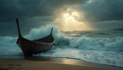 Old wooden boat sits at sandy sea beach near ocean. Waves crash on shore. Stormy clouds fill sky with sunlight. Ocean trip adventure at sunset. Seascape with dramatic weather conditions.