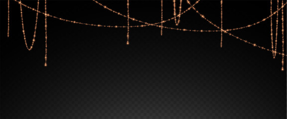 Christmas and New Year glowing garlands of bulbs and lights. Design element for holiday cards, backgrounds, business cards, vector png on transparent background.