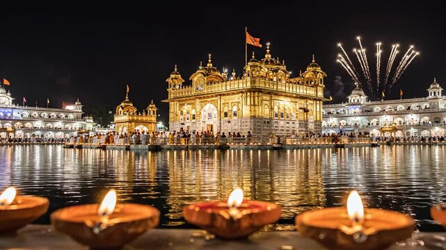 Golden temple illuminated at night with candles floating on the water in amritsar, punjab, india, creating a serene and spiritual atmosphere guru nanak jayanti