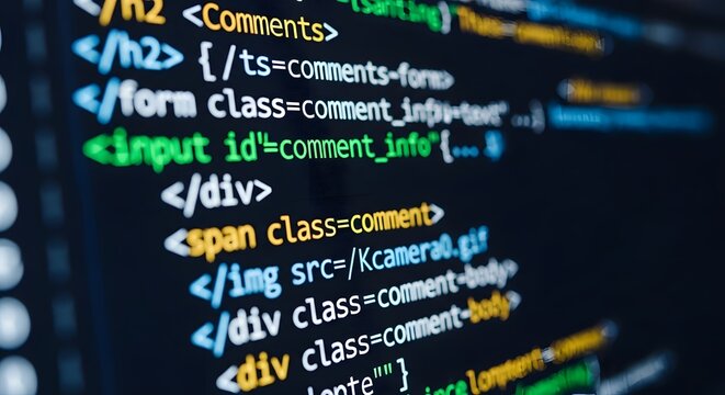 Closeup of computer code on a dark screen, displaying html tags and attributes in various colors, representing programming and web development