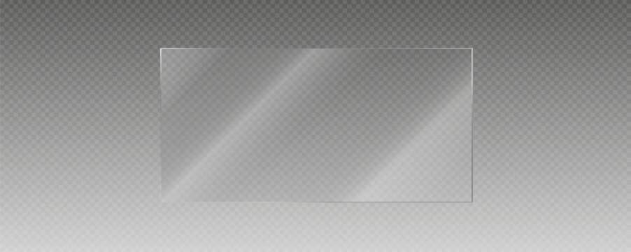 Transparent glass effect, realistic window mockups, mirror set, glass showcase on transparent background, vector png. Glass banner, acrylic smooth surface.	
