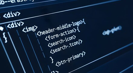Closeup of computer code displayed on a dark screen, showcasing html and css elements with syntax highlighting for a modern digital technology concept
