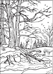 Winter Forest Coloring Page  Snow Landscape with Trees and River for Relaxing Art Activity