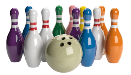 Colorful bowling pins with a white ball

