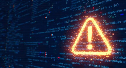 Glowing orange warning sign with an exclamation mark inside, set against a dark background of digital code and data streams, symbolizing cyber security threat or alert