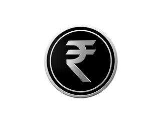 Metallic silver Indian Rupee symbol in a circular coin design on black