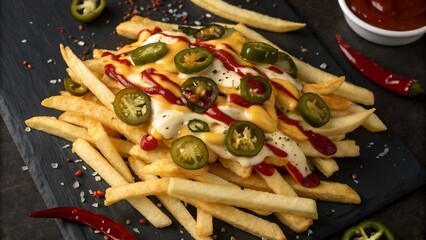 Closeup of loaded french fries with creamy cheese sauce, ketchup, and sliced jalapeños on a dark slate.